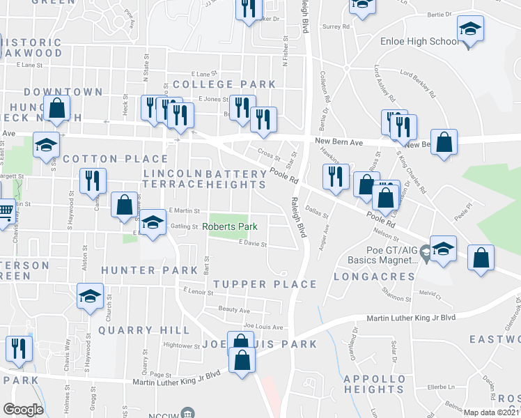 map of restaurants, bars, coffee shops, grocery stores, and more near 1513 East Martin Street in Raleigh