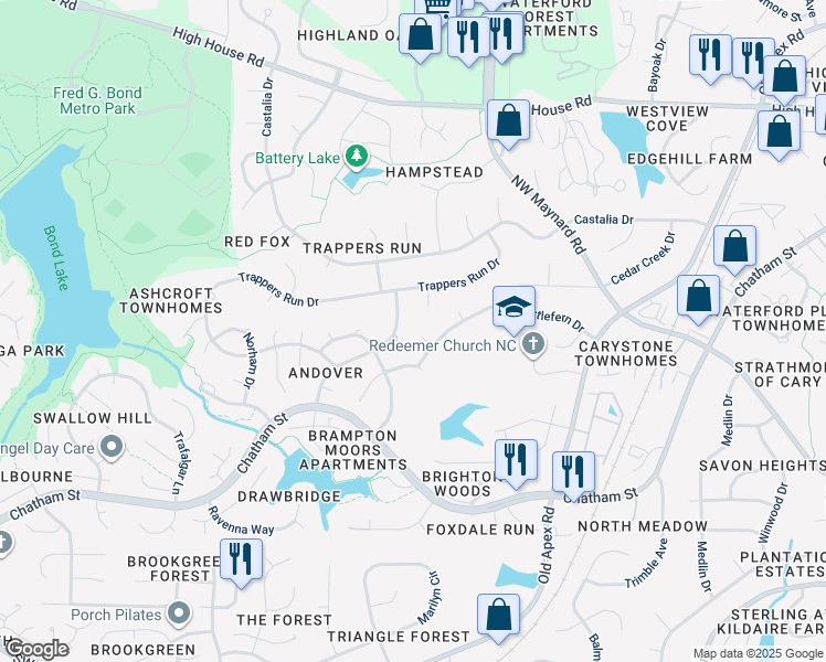 map of restaurants, bars, coffee shops, grocery stores, and more near 105 Treadwell Court in Cary