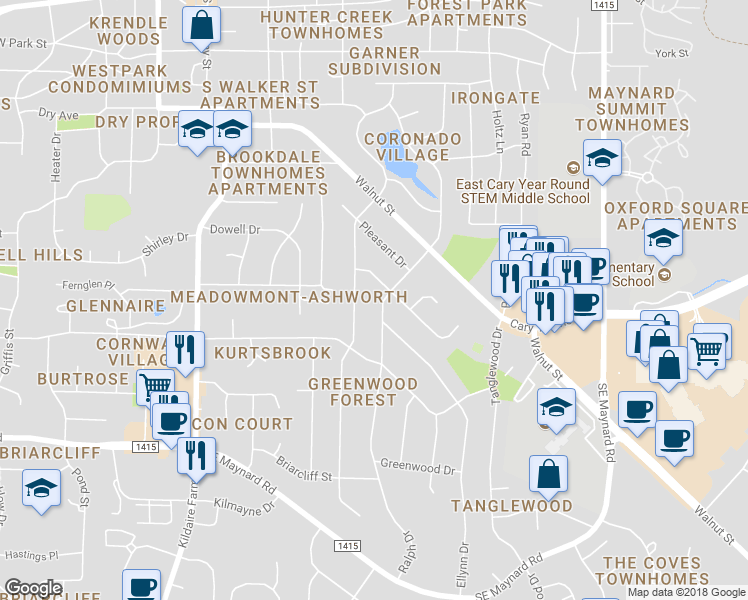 map of restaurants, bars, coffee shops, grocery stores, and more near 808 Ralph Drive in Cary