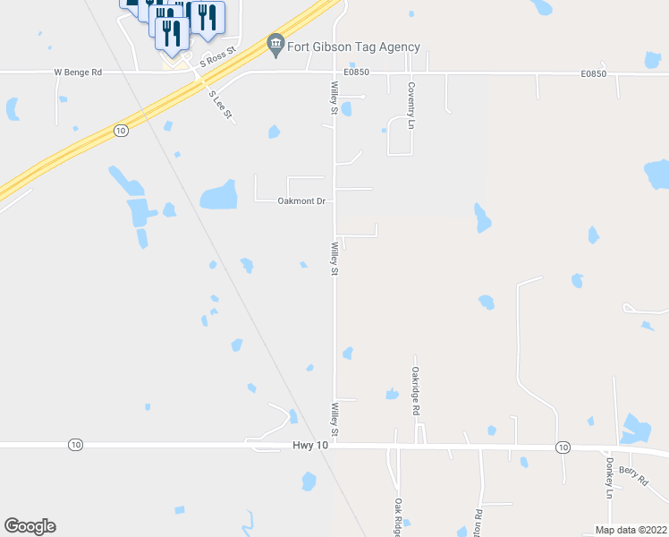 map of restaurants, bars, coffee shops, grocery stores, and more near Willey Street in Fort Gibson