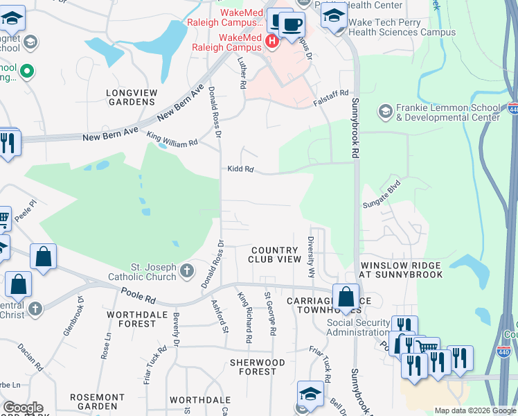 map of restaurants, bars, coffee shops, grocery stores, and more near 2908 Haven Road in Raleigh