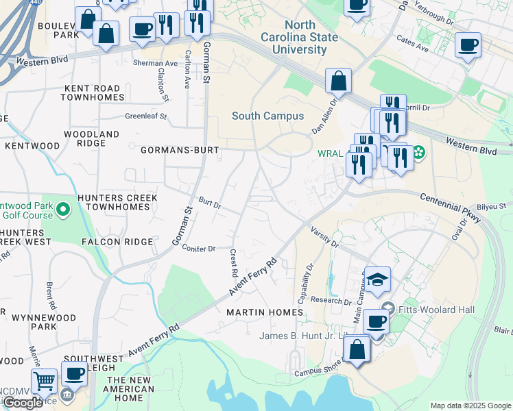 map of restaurants, bars, coffee shops, grocery stores, and more near 1527 Crest Road in Raleigh