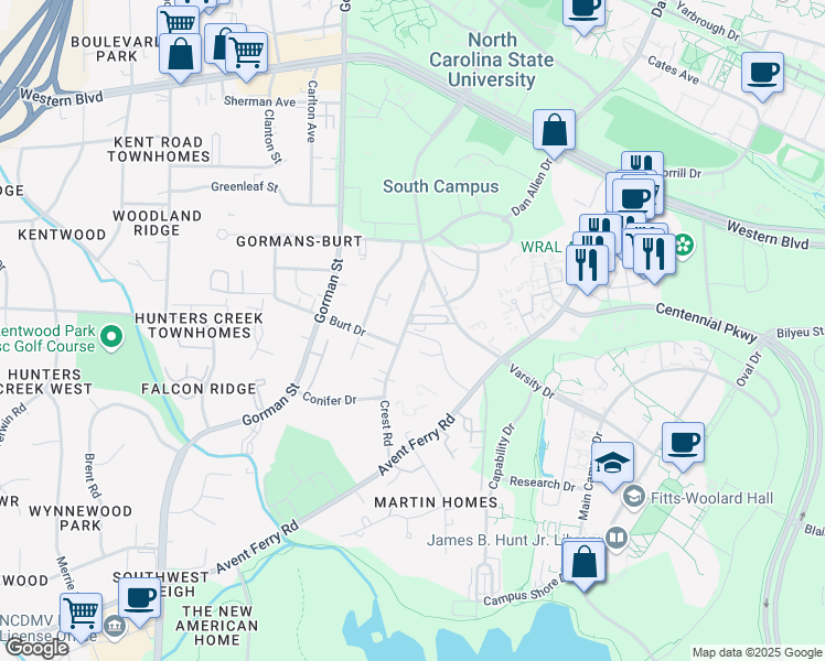 map of restaurants, bars, coffee shops, grocery stores, and more near 1527 Crest Road in Raleigh