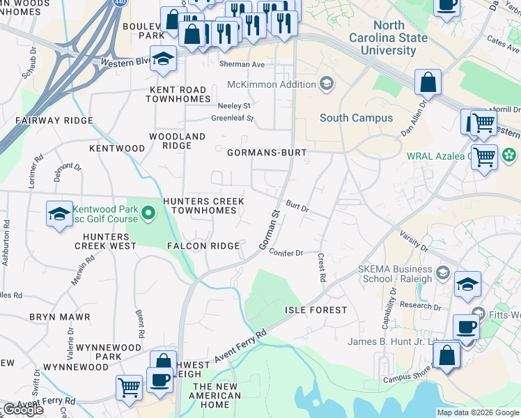map of restaurants, bars, coffee shops, grocery stores, and more near in Raleigh