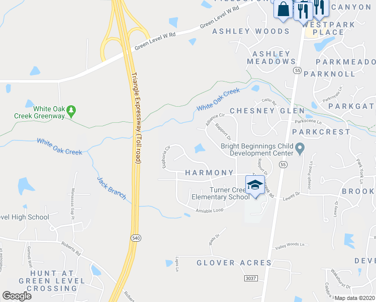 map of restaurants, bars, coffee shops, grocery stores, and more near 300 Euphoria Circle in Cary