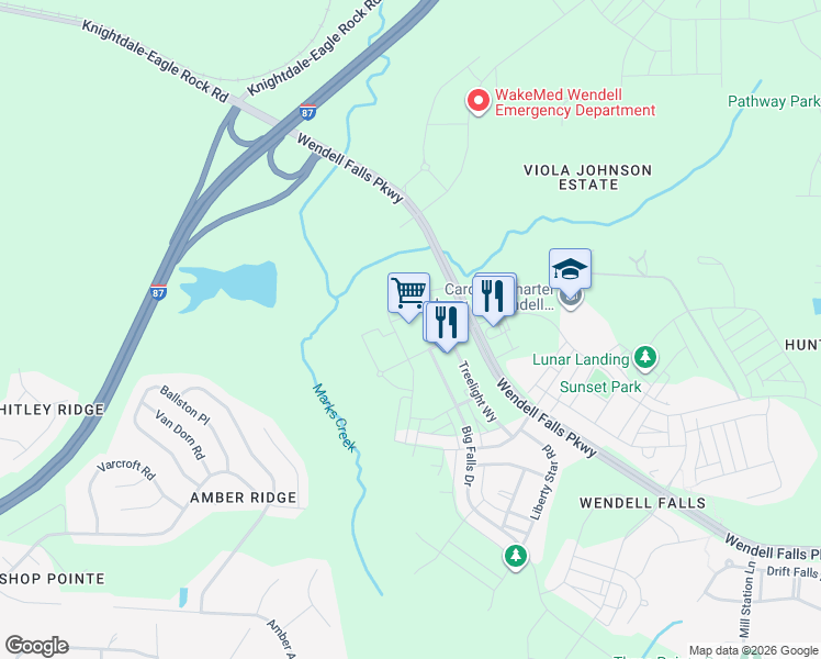 map of restaurants, bars, coffee shops, grocery stores, and more near 6177 Wendell Falls Parkway in Wendell