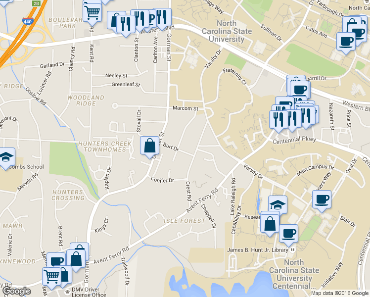 map of restaurants, bars, coffee shops, grocery stores, and more near 3612 Burt Drive in Raleigh