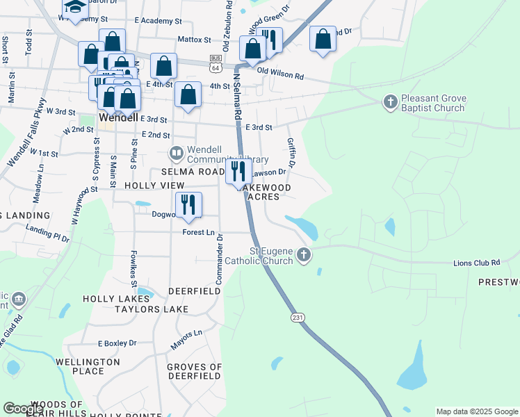 map of restaurants, bars, coffee shops, grocery stores, and more near 220 Lakewood Drive in Wendell