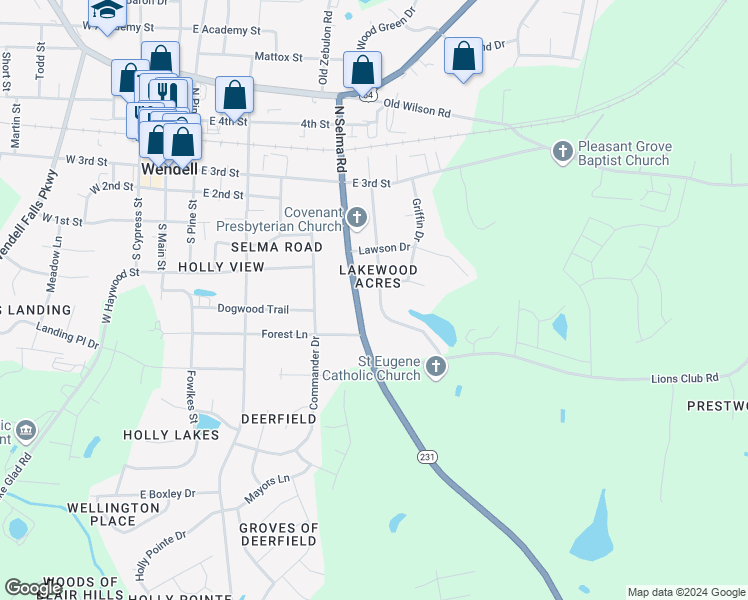 map of restaurants, bars, coffee shops, grocery stores, and more near 220 Lakewood Drive in Wendell