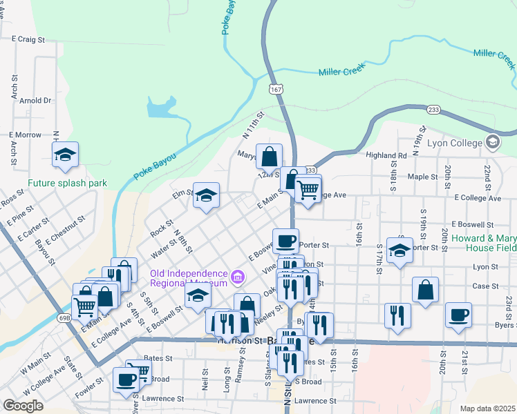 map of restaurants, bars, coffee shops, grocery stores, and more near 1180 East Main Street in Batesville