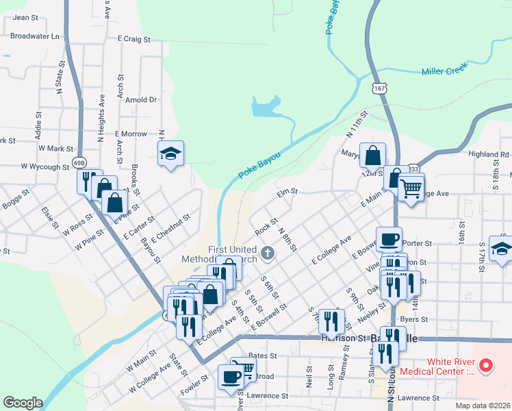 map of restaurants, bars, coffee shops, grocery stores, and more near 810 South 8th Street in Batesville
