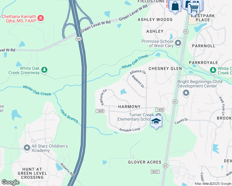 map of restaurants, bars, coffee shops, grocery stores, and more near 300 Euphoria Circle in Cary