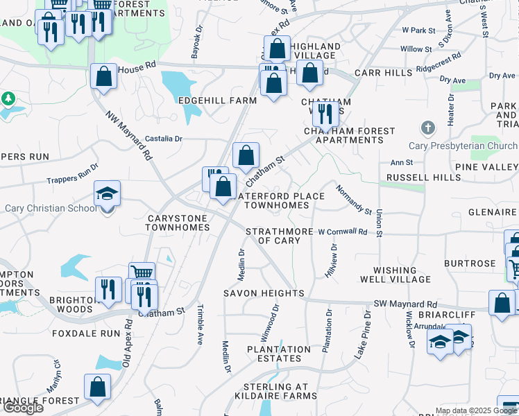 map of restaurants, bars, coffee shops, grocery stores, and more near 335 Danforth Drive in Cary