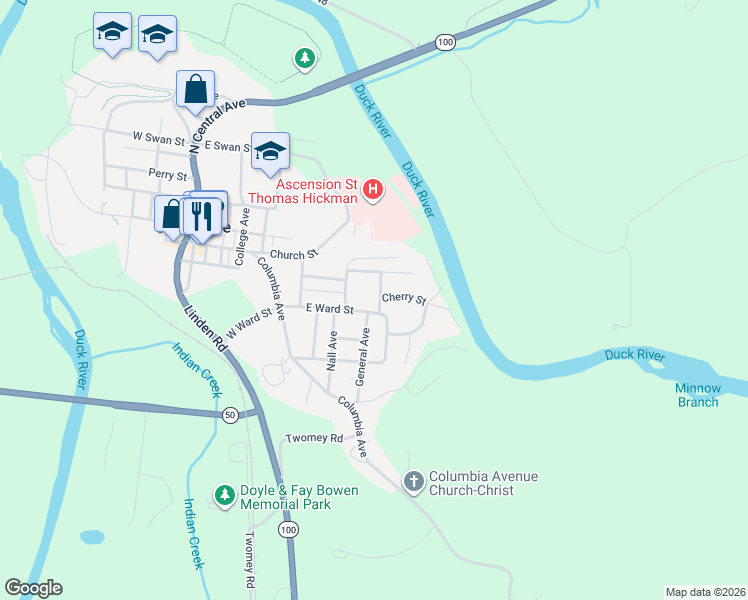 map of restaurants, bars, coffee shops, grocery stores, and more near 103 Hurt Avenue in Centerville