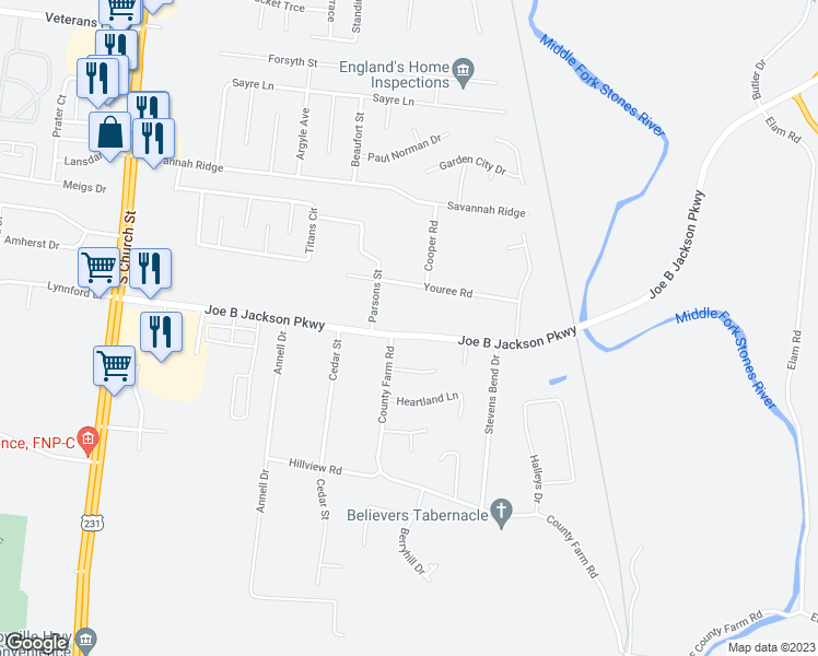 map of restaurants, bars, coffee shops, grocery stores, and more near 511 Joe B Jackson Parkway in Murfreesboro