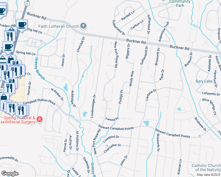 map of restaurants, bars, coffee shops, grocery stores, and more near 2725 Wales Court in Thompson's Station