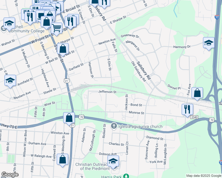 map of restaurants, bars, coffee shops, grocery stores, and more near Elm Street in Statesville