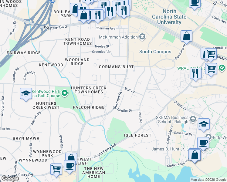 map of restaurants, bars, coffee shops, grocery stores, and more near in Raleigh