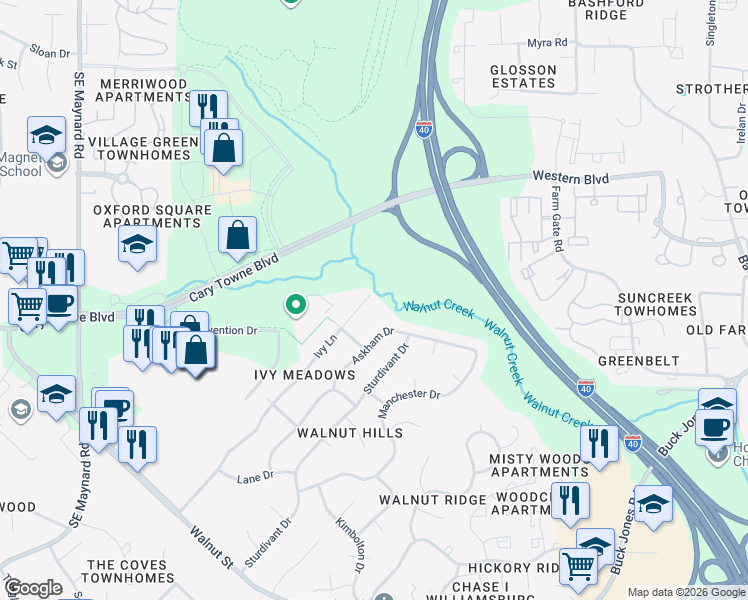 map of restaurants, bars, coffee shops, grocery stores, and more near 937 Ivy Lane in Cary