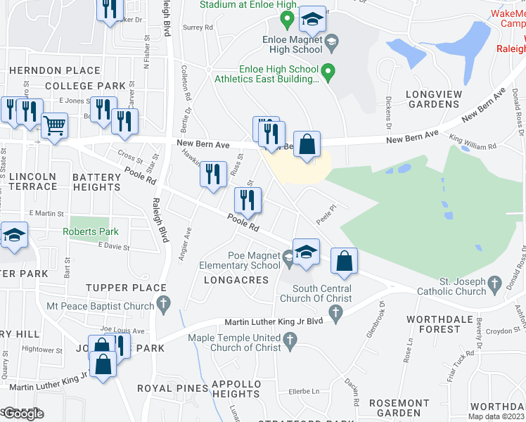 map of restaurants, bars, coffee shops, grocery stores, and more near 213 Lord Anson Drive in Raleigh