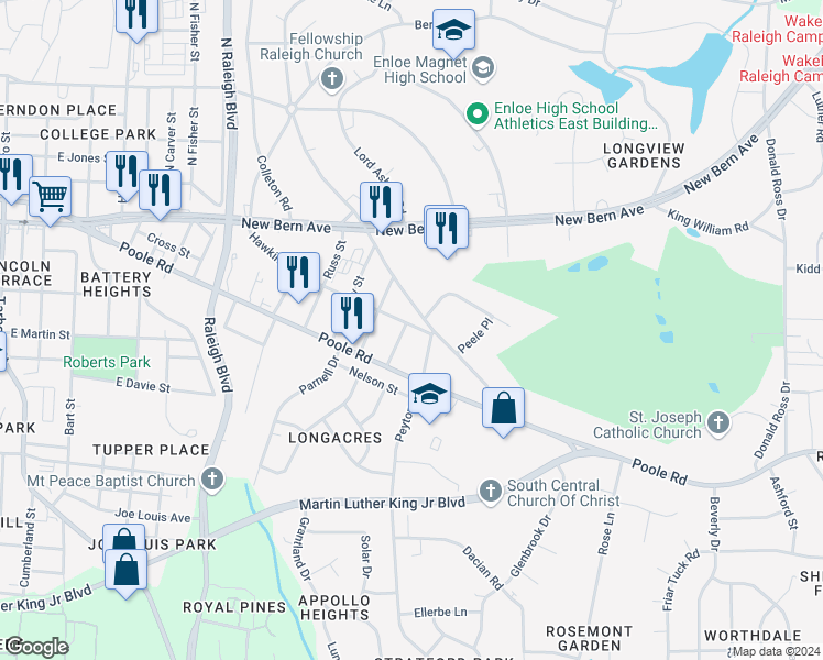 map of restaurants, bars, coffee shops, grocery stores, and more near 2200 Hawkins Street in Raleigh