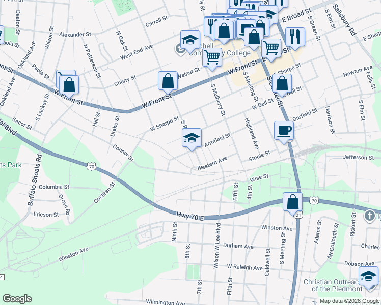 map of restaurants, bars, coffee shops, grocery stores, and more near 607 Armfield Street in Statesville