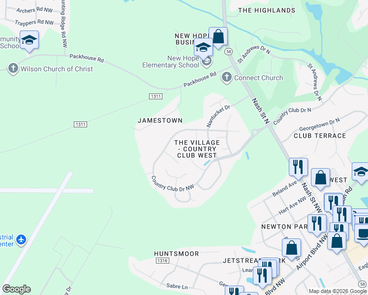 map of restaurants, bars, coffee shops, grocery stores, and more near 4707 Winthrop Court Northwest in Wilson