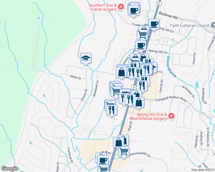 map of restaurants, bars, coffee shops, grocery stores, and more near 1040 Campbell Station Parkway in Spring Hill