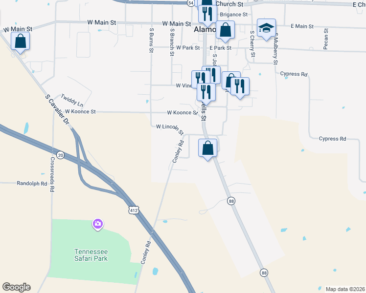 map of restaurants, bars, coffee shops, grocery stores, and more near 51 Conley Road in Alamo