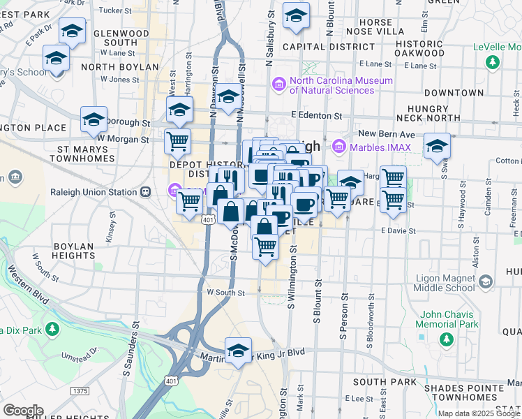 map of restaurants, bars, coffee shops, grocery stores, and more near 314 S Salisbury St in Raleigh