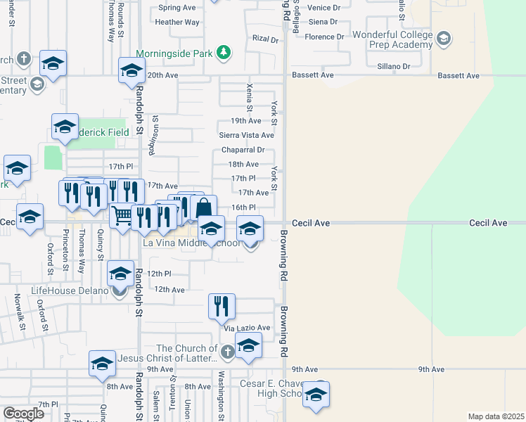 map of restaurants, bars, coffee shops, grocery stores, and more near 1620 Yakima Court in Delano