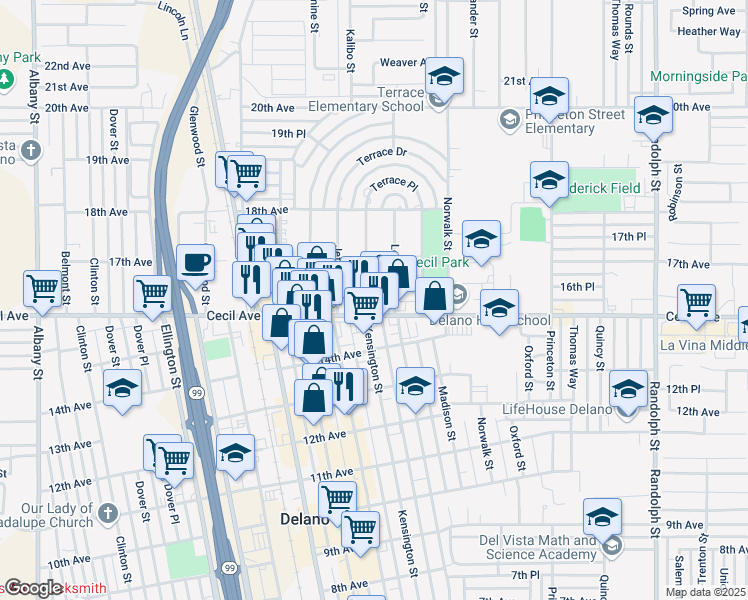 map of restaurants, bars, coffee shops, grocery stores, and more near 1614 Kensington Street in Delano