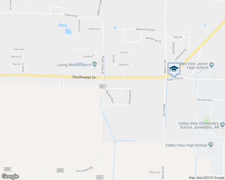 map of restaurants, bars, coffee shops, grocery stores, and more near 5527 Deerfield Drive in Jonesboro