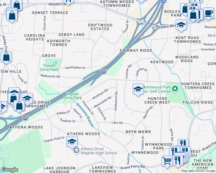 map of restaurants, bars, coffee shops, grocery stores, and more near 5012 Wickham Road in Raleigh