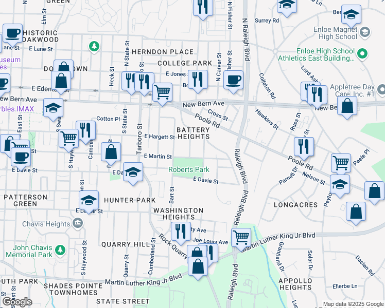 map of restaurants, bars, coffee shops, grocery stores, and more near 1401 East Martin Street in Raleigh
