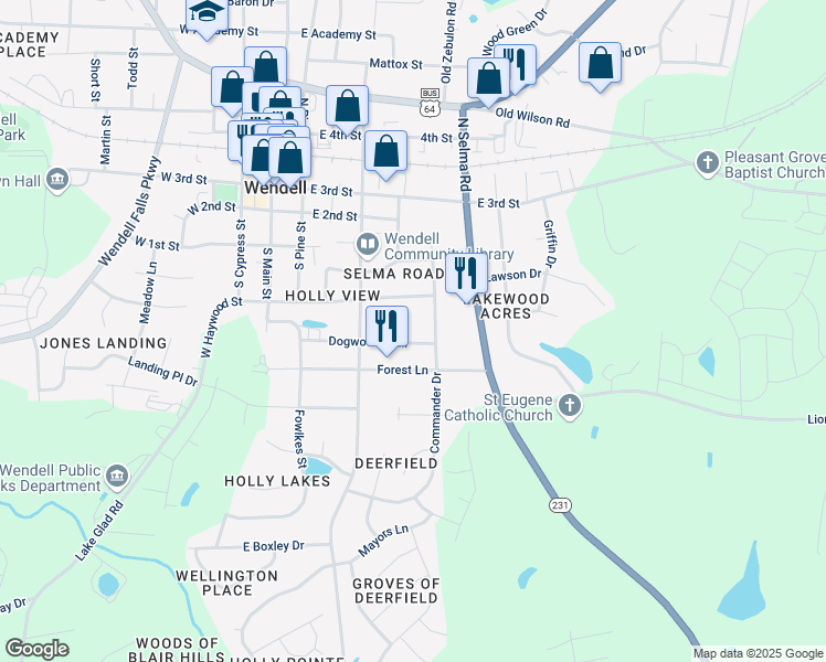 map of restaurants, bars, coffee shops, grocery stores, and more near 245 Dogwood Trail in Wendell