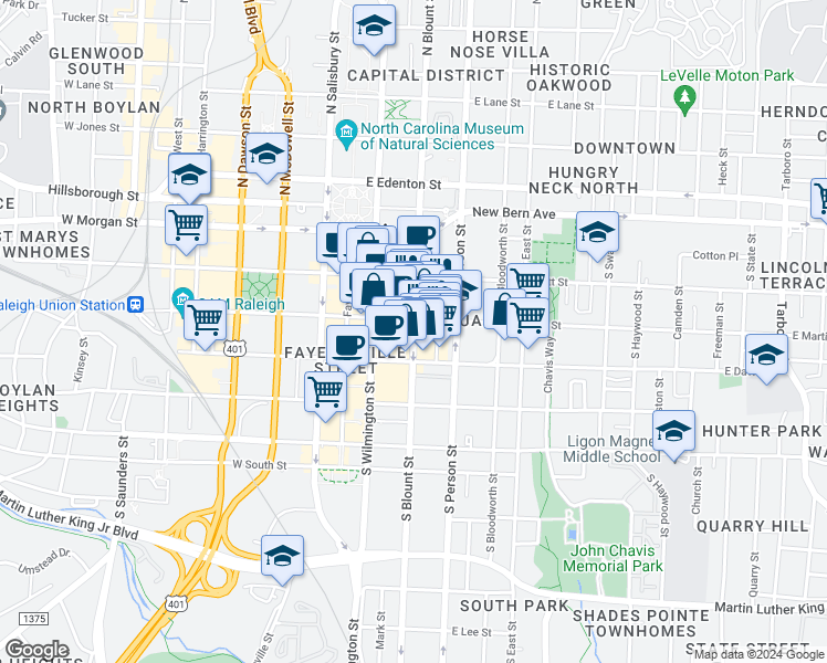 map of restaurants, bars, coffee shops, grocery stores, and more near 311 South Blount Street in Raleigh