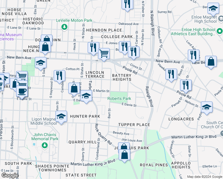 map of restaurants, bars, coffee shops, grocery stores, and more near 217 Bart Street in Raleigh