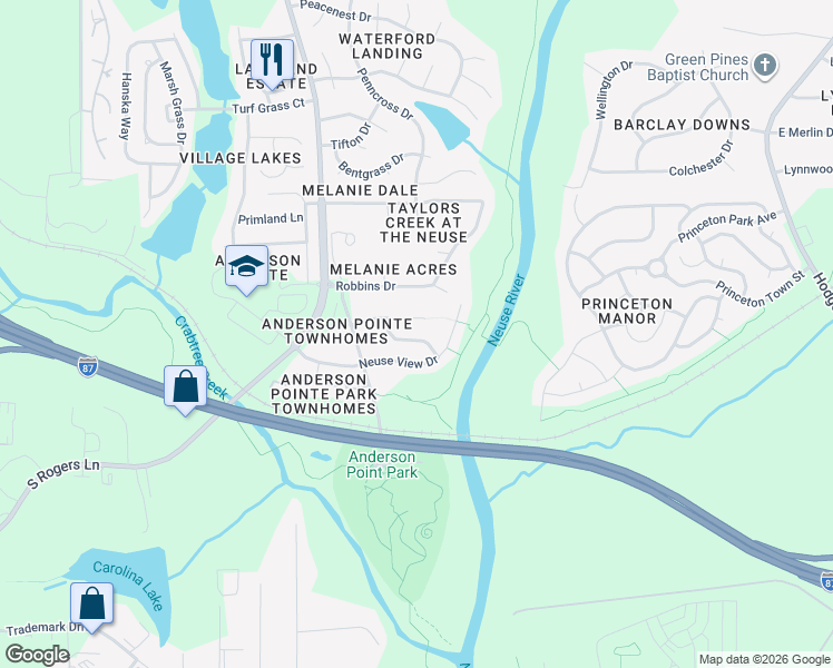 map of restaurants, bars, coffee shops, grocery stores, and more near 220 Cross Current Lane in Raleigh