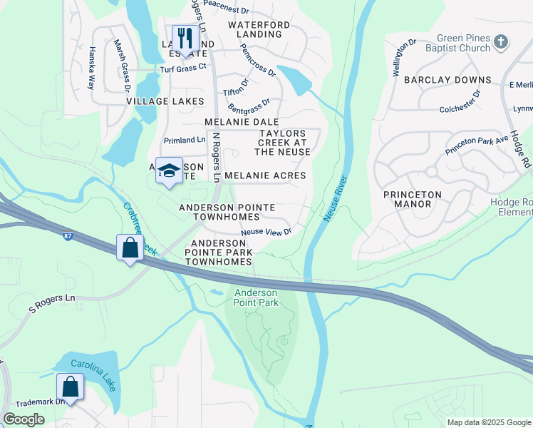 map of restaurants, bars, coffee shops, grocery stores, and more near 232 Cross Current Lane in Raleigh