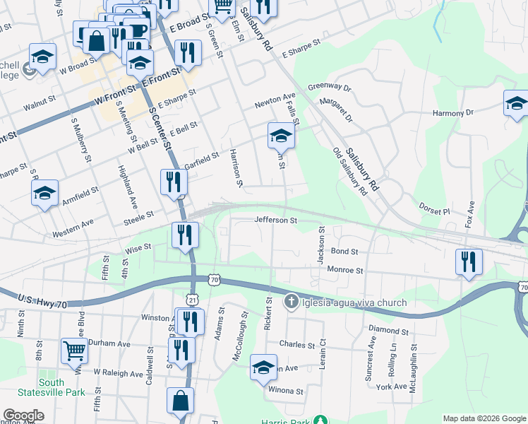 map of restaurants, bars, coffee shops, grocery stores, and more near 241 Jefferson Street in Statesville