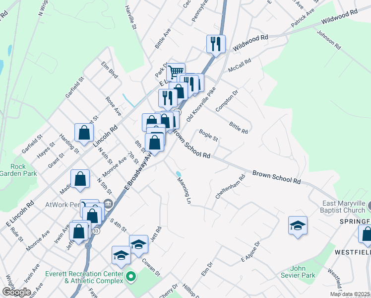 map of restaurants, bars, coffee shops, grocery stores, and more near 229 Brown School Road in Maryville