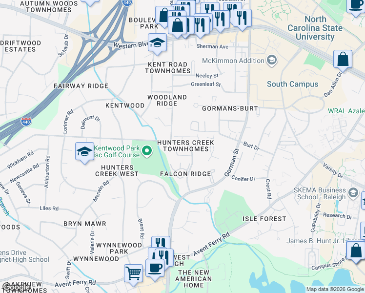 map of restaurants, bars, coffee shops, grocery stores, and more near 4307 Kaplan Drive in Raleigh