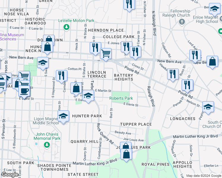map of restaurants, bars, coffee shops, grocery stores, and more near 1215 East Martin Street in Raleigh