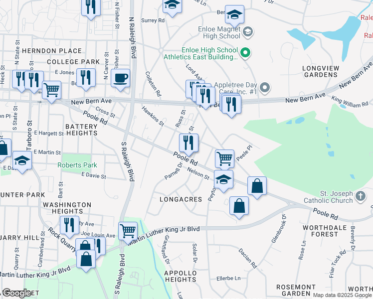map of restaurants, bars, coffee shops, grocery stores, and more near 323 Kennedy Street in Raleigh