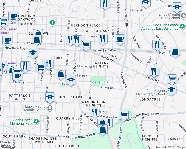 map of restaurants, bars, coffee shops, grocery stores, and more near 217 Bart Street in Raleigh