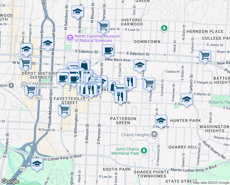 map of restaurants, bars, coffee shops, grocery stores, and more near 408 East Martin Street in Raleigh