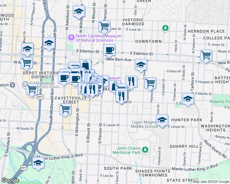 map of restaurants, bars, coffee shops, grocery stores, and more near 408 East Martin Street in Raleigh
