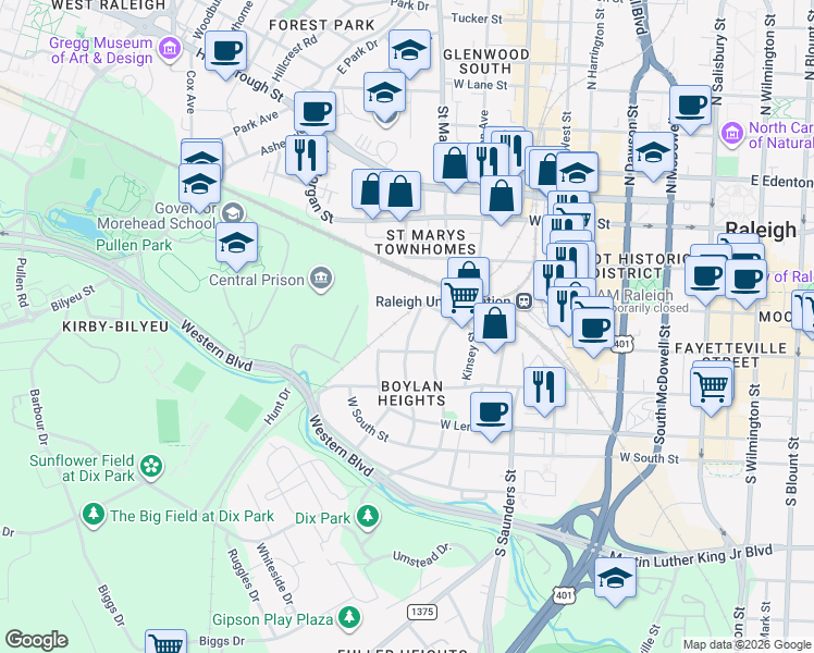 map of restaurants, bars, coffee shops, grocery stores, and more near 316 Cutler Street in Raleigh