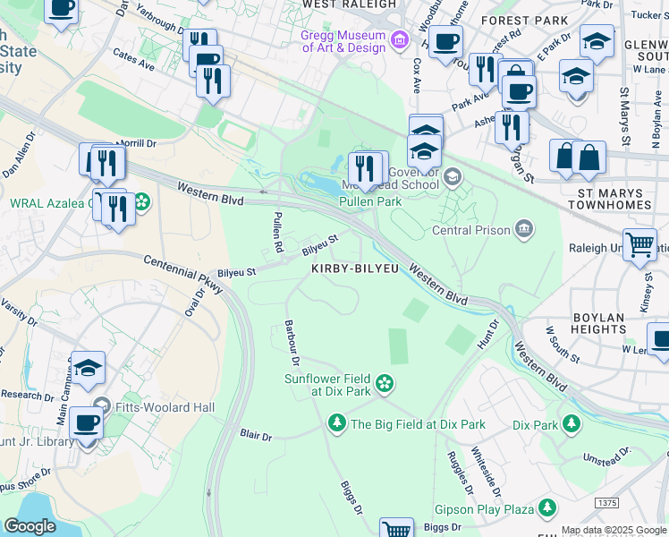 map of restaurants, bars, coffee shops, grocery stores, and more near 613 Kirby Street in Raleigh
